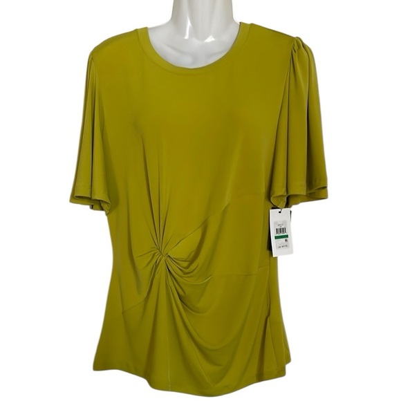 DKNY Yellow/Green Ruched Flared Short Sleeve Blouse sz L - Picture 1 of 5